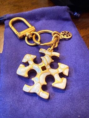 Tory Burch Gold-Tone Logo Puzzle Key Fob with Pearlized White Inlay
